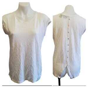 Tahari 100% Linen White Button Back Summer Minimalist Cap Sleeve Tee Medium